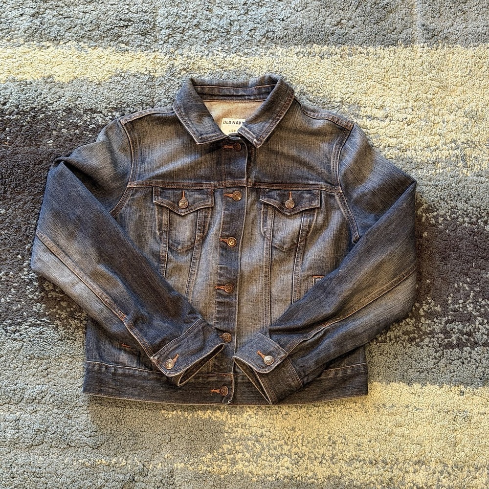 Old Navy Denim Jacket Womens Large Jean Trucker Button Front Medium Wash Pockets